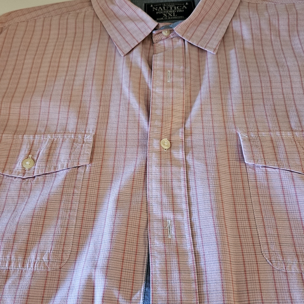 Nautica Men's Pink and White Checkered Shirt